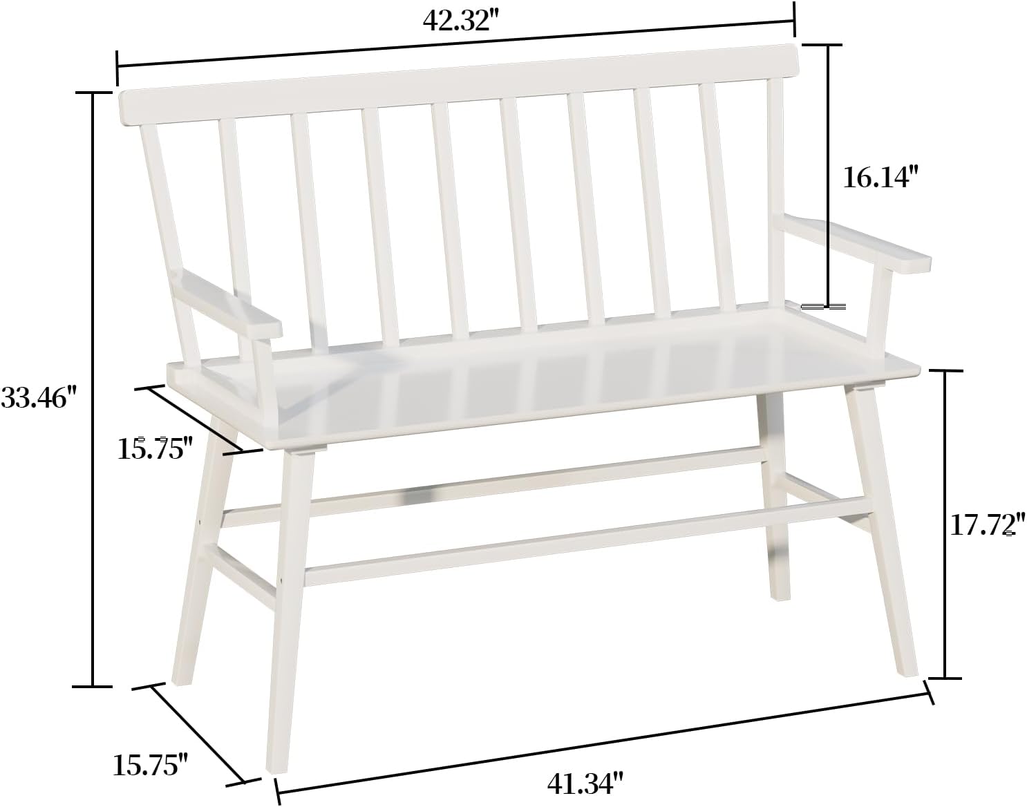 Dining Bench for Kitchen & Dining Room – Bamboo Wood Bench with Spindle Back & Armrests, Farmhouse Entryway Bench, Indoor Bedroom Bench, Versatile Entry Bench & Outdoor Bench Seating（White with Arm）