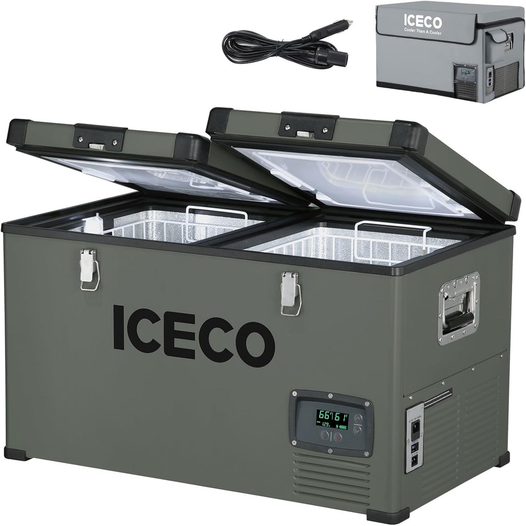ICECO VL60 12V Dual Zone Portable Freezer, 63Qt 12 Volt Refrigerator Powered by SECOP, 0°-50°F, 12/24VDC&110-240VAC, 12v Fridge Electric Cooler Refrigerator For Car&Indoor, with Extension DC Cable