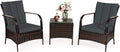 COSTWAY 3 Pieces Patio Rattan Furniture Set, Outdoor Conversation Chair Set with Coffee Table & 2 Cushions for Backyard, Porch, Poolside, Lawn, Garden, Grey