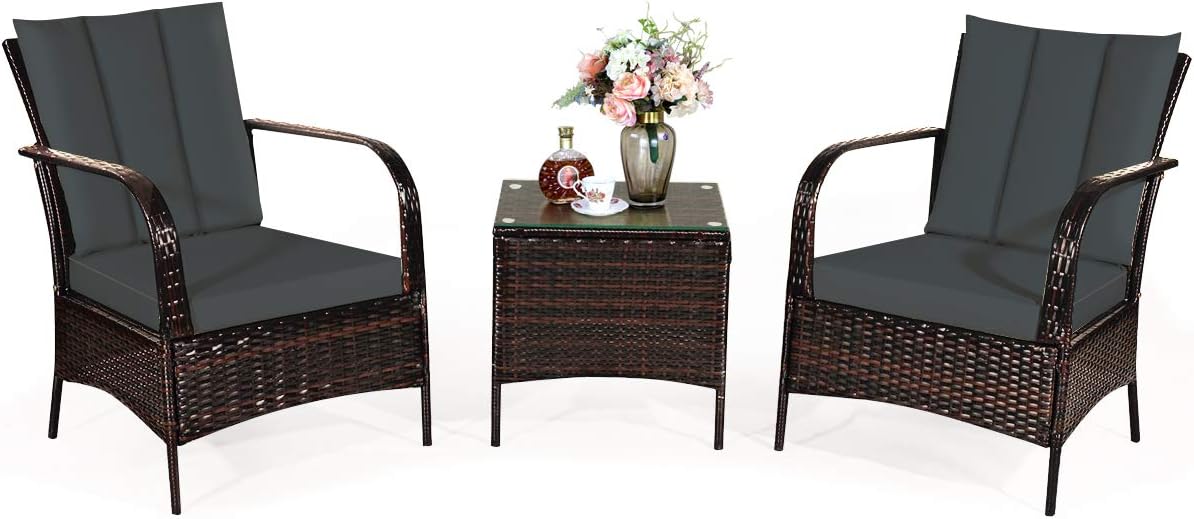 COSTWAY 3 Pieces Patio Rattan Furniture Set, Outdoor Conversation Chair Set with Coffee Table & 2 Cushions for Backyard, Porch, Poolside, Lawn, Garden, Grey