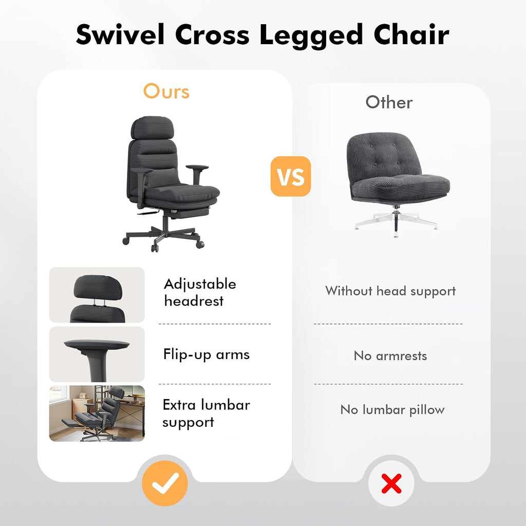 GXJ Criss Cross Chair with Flip-up Arms, Executive Office Chair with Foot Rest, Cross Legged Office Chair G800 Plus, Extra Lumbar Pillow, Corduroy Comfy Computer Desk Chair for Home, Black