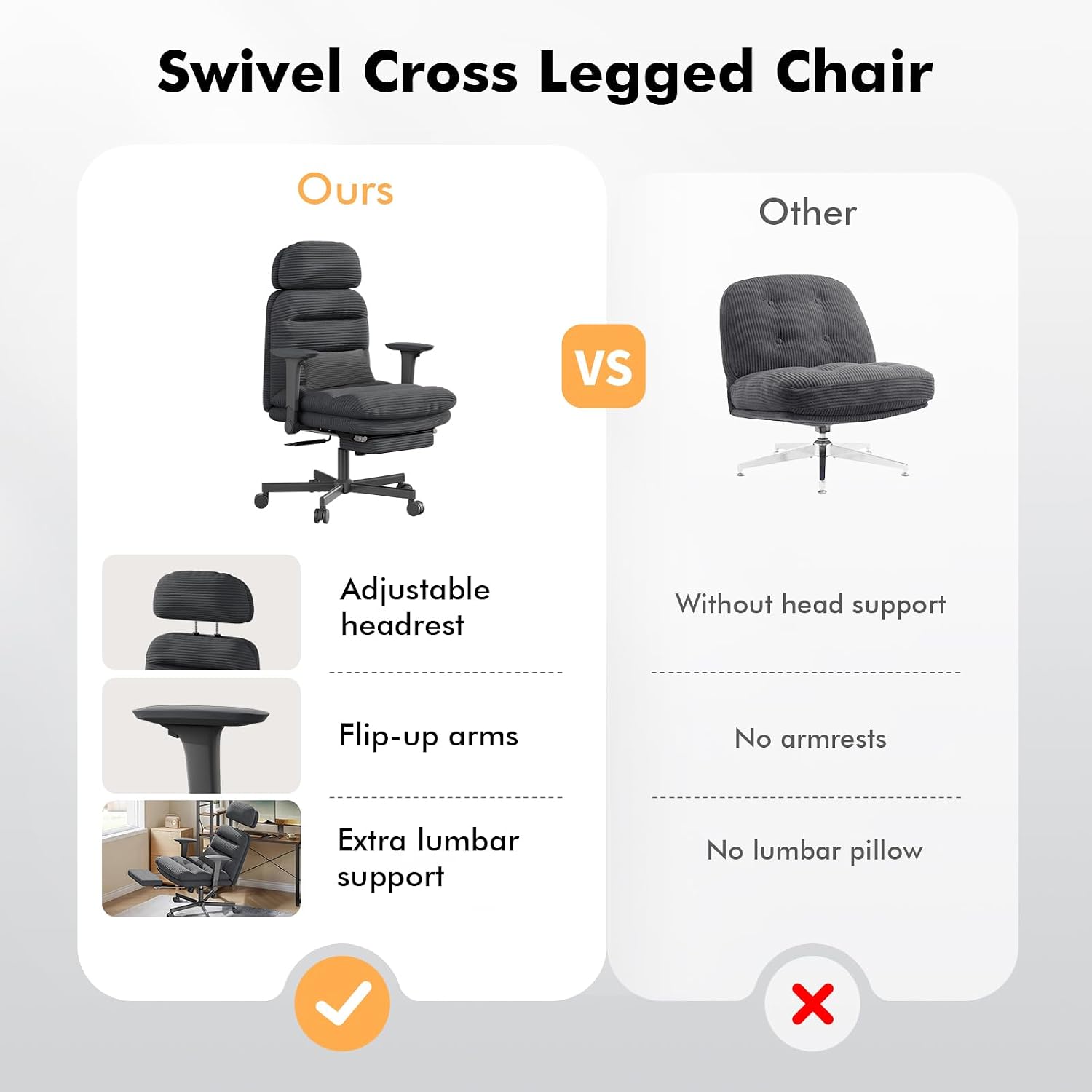 GXJ Criss Cross Chair with Flip-up Arms, Executive Office Chair with Foot Rest, Cross Legged Office Chair G800 Plus, Extra Lumbar Pillow, Corduroy Comfy Computer Desk Chair for Home, Black