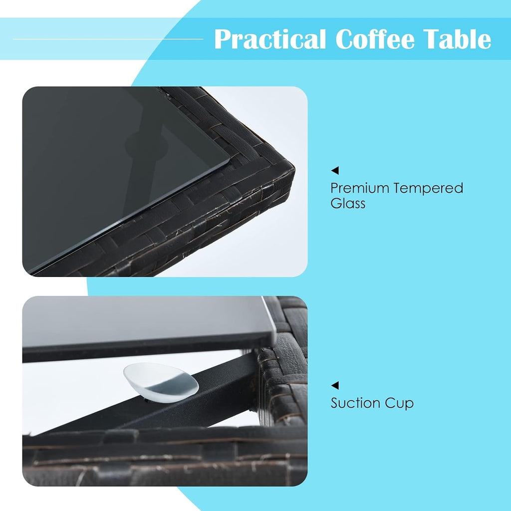 DORTALA Wicker Patio Bistro Set 3 Piece, Outdoor Table and Chairs with Tempered Glass Tabletop, Cushions, Small Rattan Furniture Conversation Sofa Set for Balcony, Porch, Backyard, Deck, Turquoise