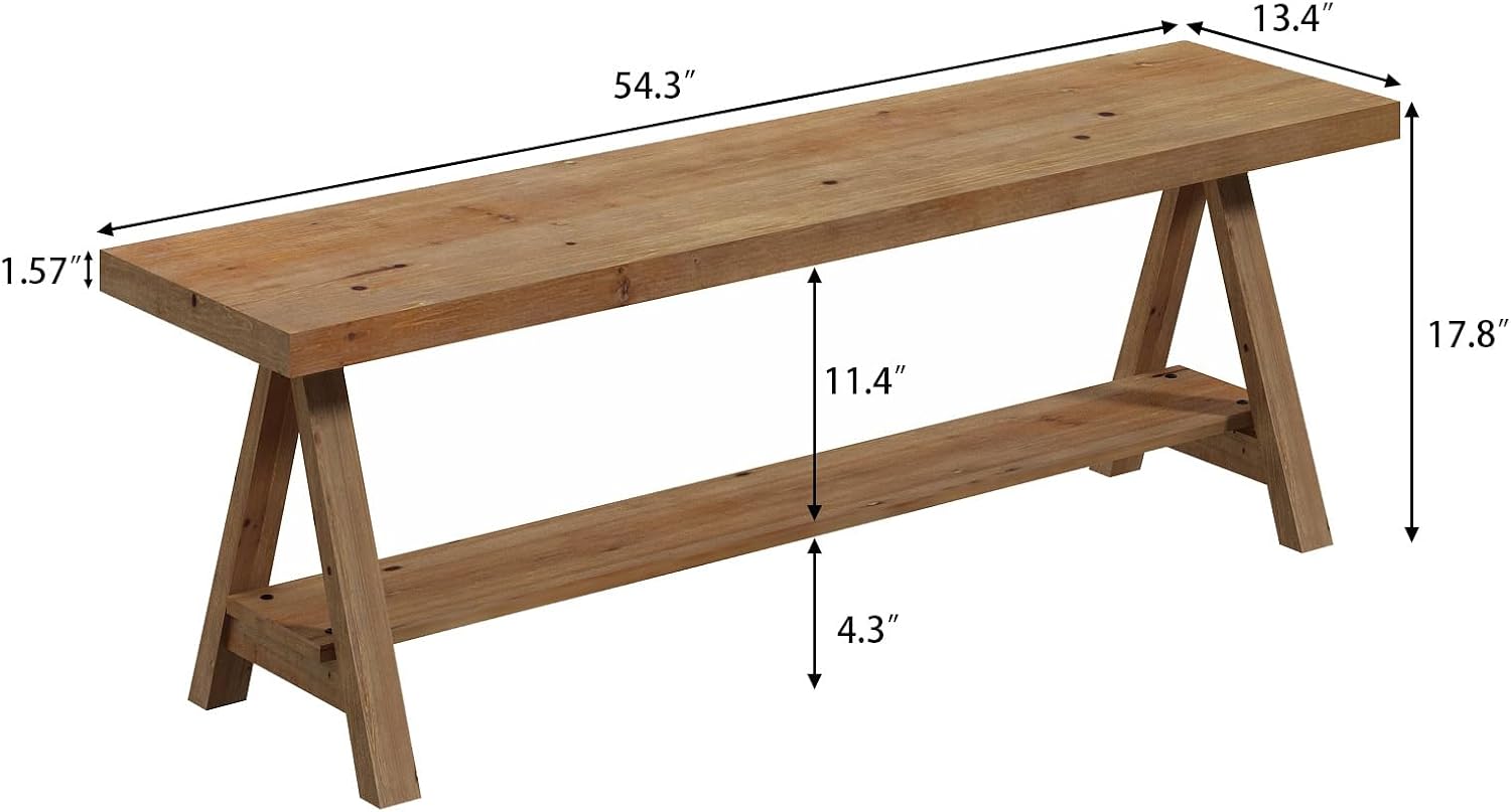 RowyPoey 54' Solid Wood Bench, Long Farmhouse Entryway Bench with Storage Shelf, Triangular Leg Design, Narrow Rustic Benches for Hallway, Bedroom, Dining, Kitchen, Easy Assembly