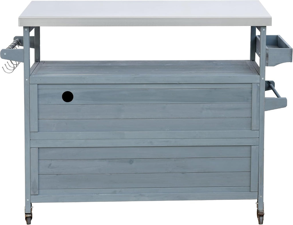 LUMISOL Outdoor Grill Cart with Stainless Steel Top, Kitchen Island with Storage Cabinet & Internal Storage Rack, Outdoor Bar Cart with Spice & Towel Rack, Grey Blue