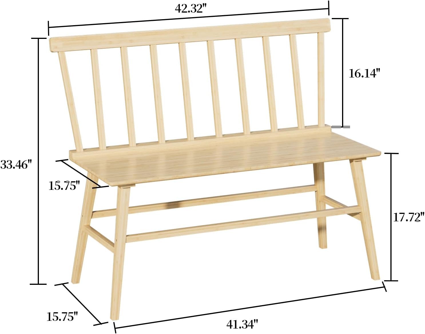 Dining Bench for Kitchen & Dining Room – Bamboo Wood Bench with Spindle Back & Armrests, Farmhouse Entryway Bench, Indoor Bedroom Bench, Versatile Entry Bench & Outdoor Bench Seating（Natural）