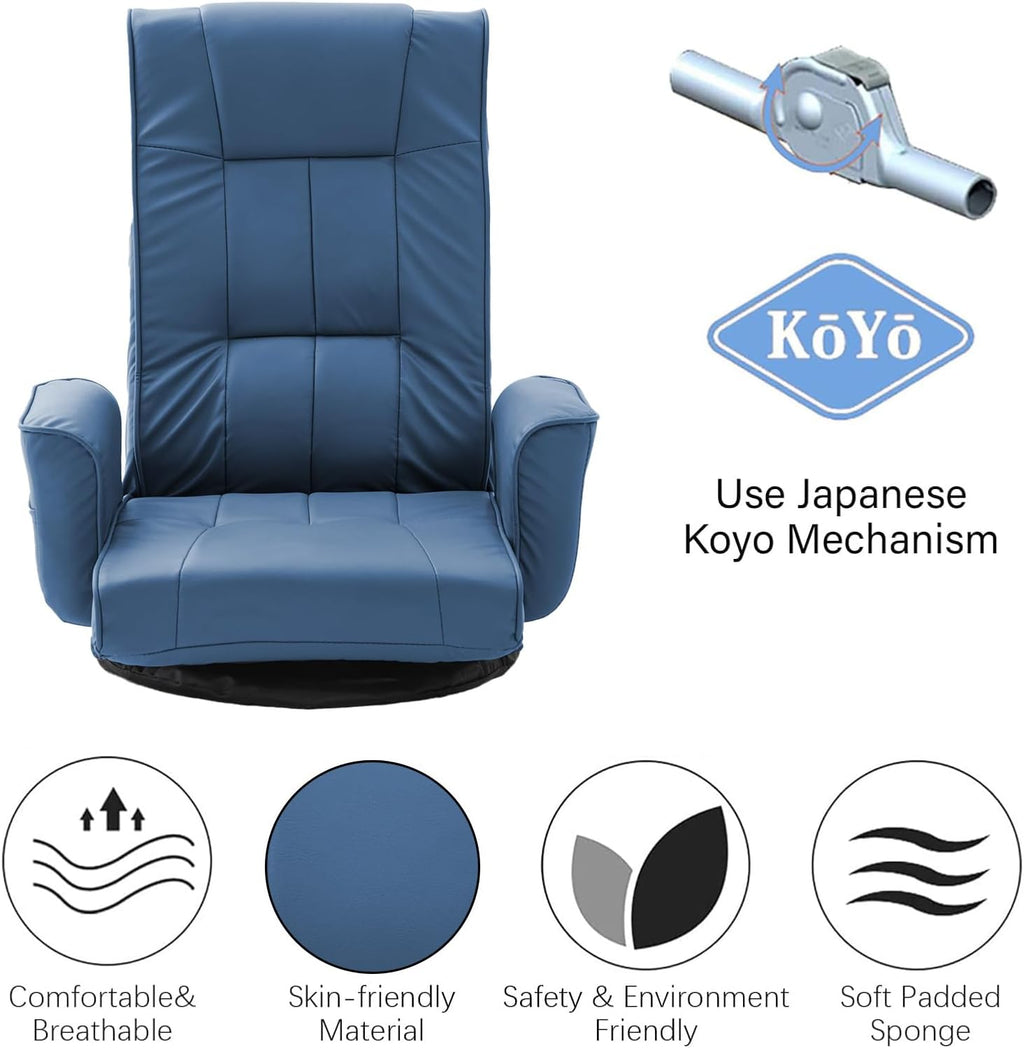 360° Swivel Floor Chair with Armrests, 14-Position Adjustable Floor Lounger for Adults, Folding Padded Floor Seat with Backrest for Gaming, Reading & Living Room (Blue)