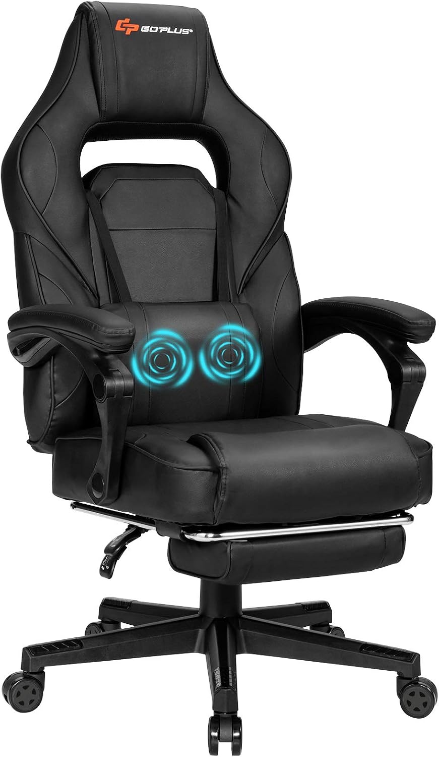 Goplus Massage Gaming Chair, Reclining Backrest, Seat Height Adjustment Racing Computer Office Chair with Footrest, Ergonomic High Back PU Swivel Game Chair (Black)