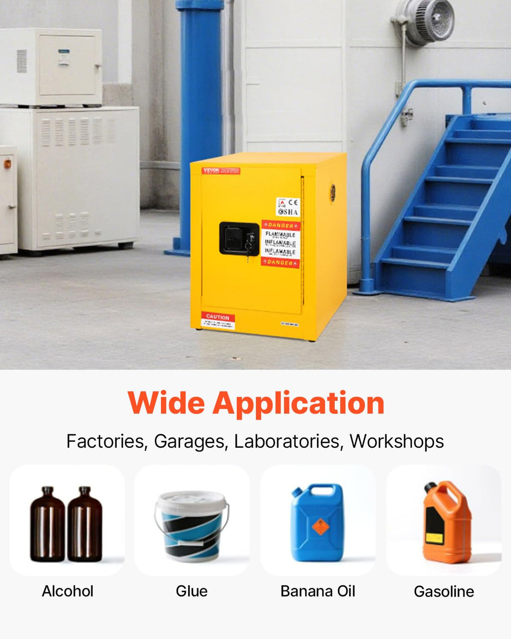 VEVOR Flammable Cabinet 17' x 17' x 22', 12 GalCold-Rolled Steel Flammable Liquid Storage Cabinet, Explosion Proof with 1 Adjustable Shelf 1 Door for Commercial Industrial Use, Yellow