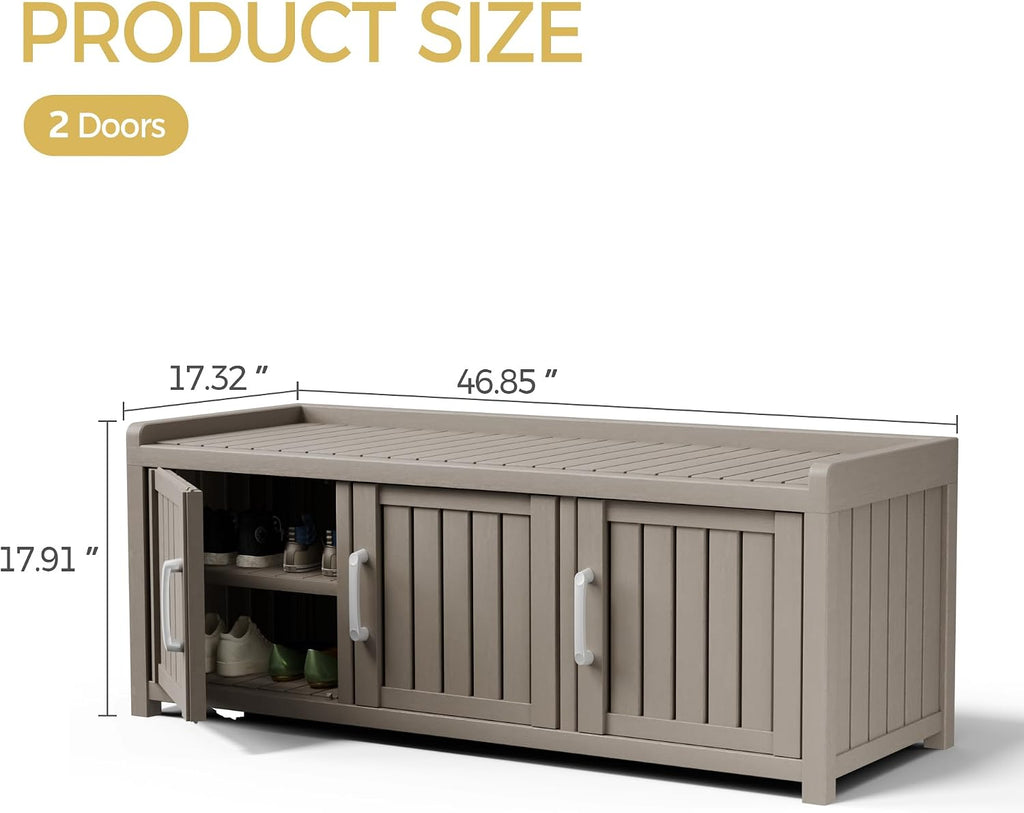 Shoe Bench - Waterproof Resin Storage Bench with Adjustable Shelves - Indoor & Outdoor Use, 3 Doors Entryway Bench with Hidden Storage Space - Storage Cabinet for Bedroom, Hallway, Grey