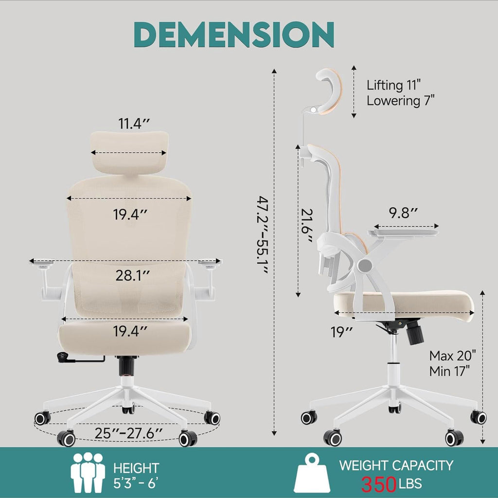 Monhey Ergonomic Office Chair, 90°-125° Tilt Back Home Desk Chair with 360° Swivel & Mute Wheels, High Back Mesh Computer Chair for Adults with Lumbar Support, 330 LBS Capacity (05Khaki)