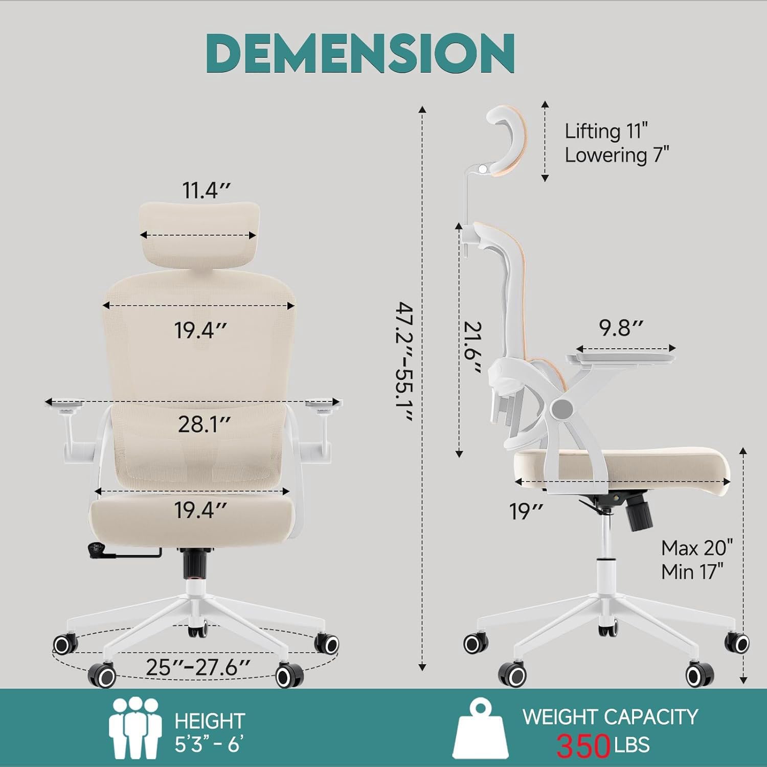 Monhey Ergonomic Office Chair, 90°-125° Tilt Back Home Desk Chair with 360° Swivel & Mute Wheels, High Back Mesh Computer Chair for Adults with Lumbar Support, 330 LBS Capacity (05Khaki)