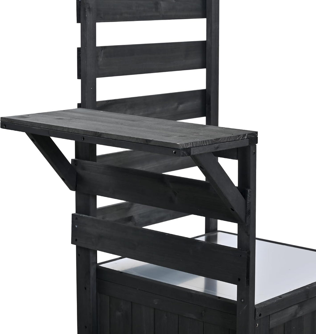 62.3'' Patio Kitchen Island, Solid Wood Kitchen Cart with Stainless Table Top, Garden Potting Bench with Raised Shelf and Drawers, Grill Prep Table for BBQ, Party (Black-62.3'')