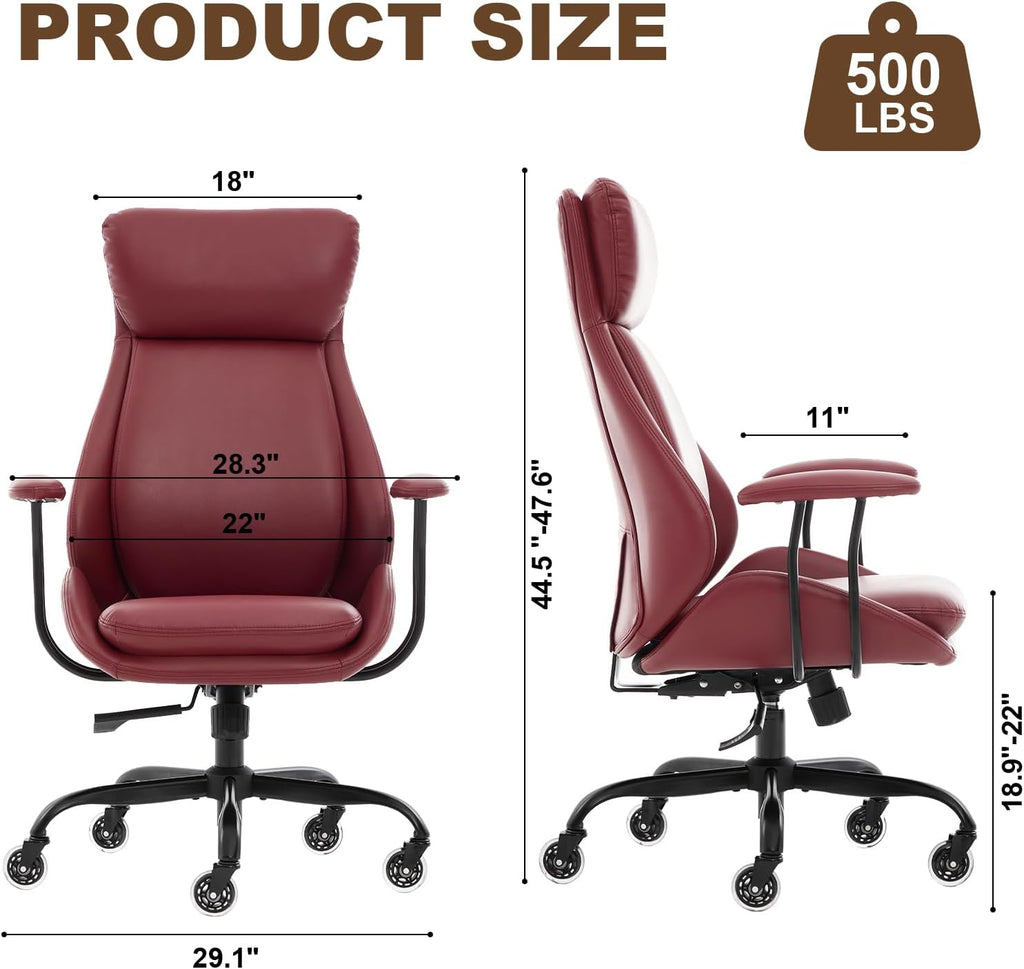 E-Motie Office Chair, Leather Desk Chair with Rubber Wheels, Ergonomic Computer Chair 500 LBS with Lumbar Support, High Back Executive Chair for Modern Home Office, Red