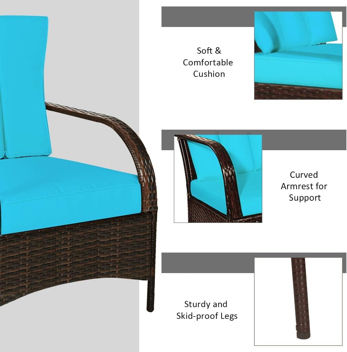 COSTWAY 3 Pieces Patio Rattan Furniture Set, Outdoor Conversation Chair Set with Coffee Table & 2 Cushions for Backyard, Porch, Poolside, Lawn, Garden, Turquoise