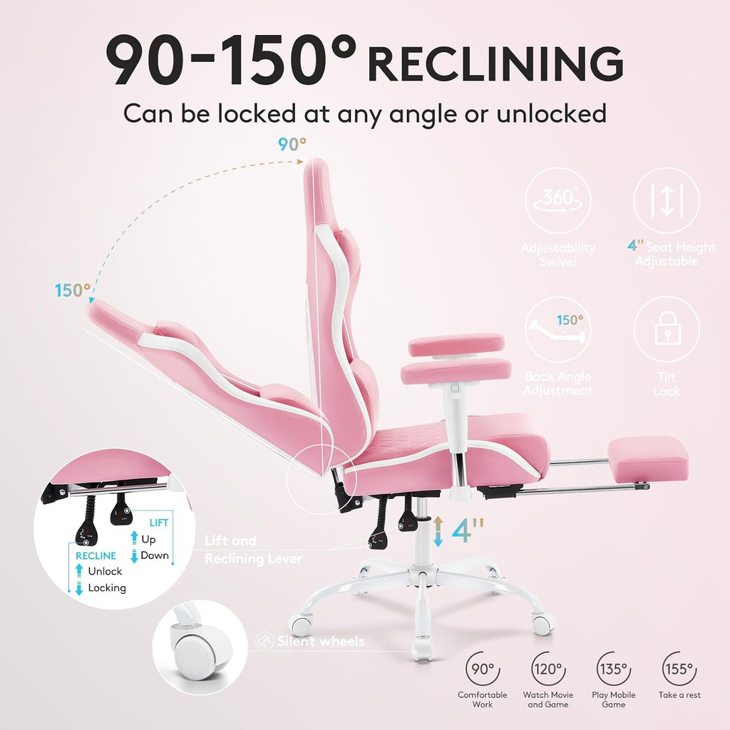 Gaming Chair,Computer Office Chair with Footrest,Massage Lumbar Support and Gel Pad,Ergonomic Reclining Leather Gamer Chair with Headrest,Adjustable Armrests and Spring Cushion Pink
