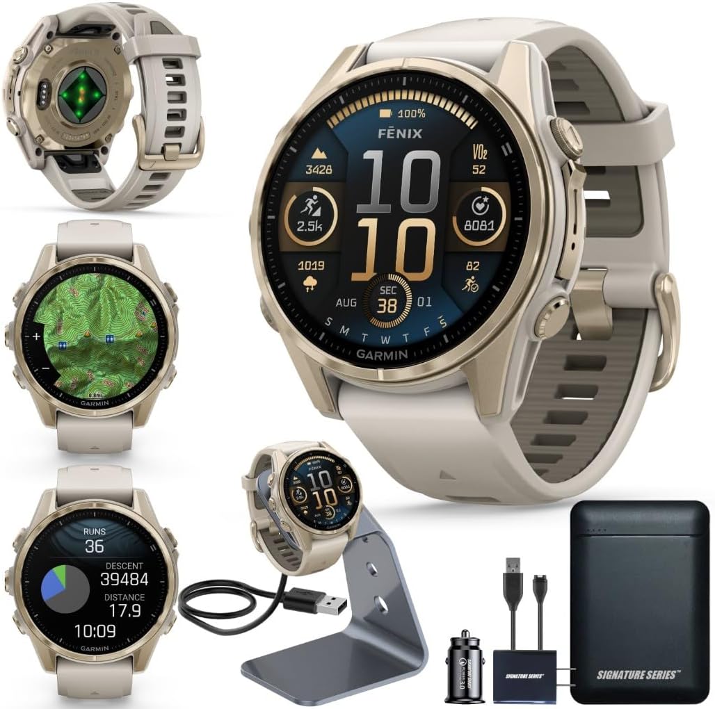 Garmin Fenix 8 Premium Multisport GPS Running Smartwatch, 43 mm | AMOLED, Dive-Rated, Built-in Flashlight | Soft Gold with Dark Sandstone Band with Signature Series Charging Stand