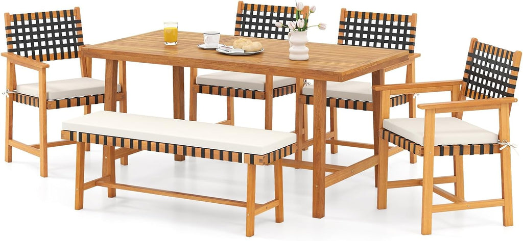 Tangkula 6 Piece Patio Dining Set for 5-6 People, 63' Outdoor Acacia Wood Table with 1.97' Umbrella Hole & Bench & 4 Cushioned Armchairs, for Deck Yard and Poolside