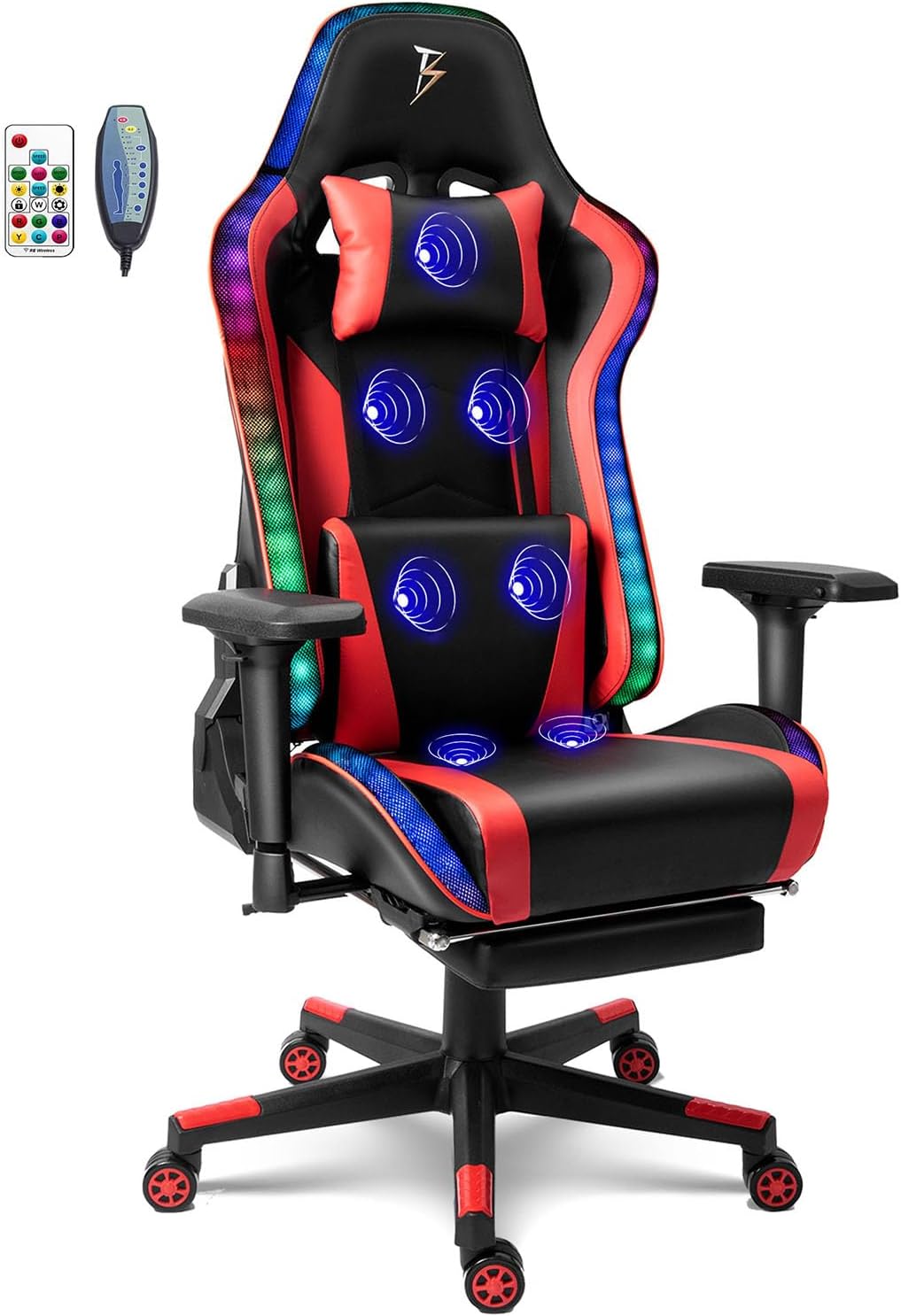 Adult Gaming Chair,Ergonomic Computer Chair,Gaming Chair with Footrest and Massage Lumbar Support,Gaming Chair with Speakers and RGB Lights,180° Tilt High Back Office Chair.,Red