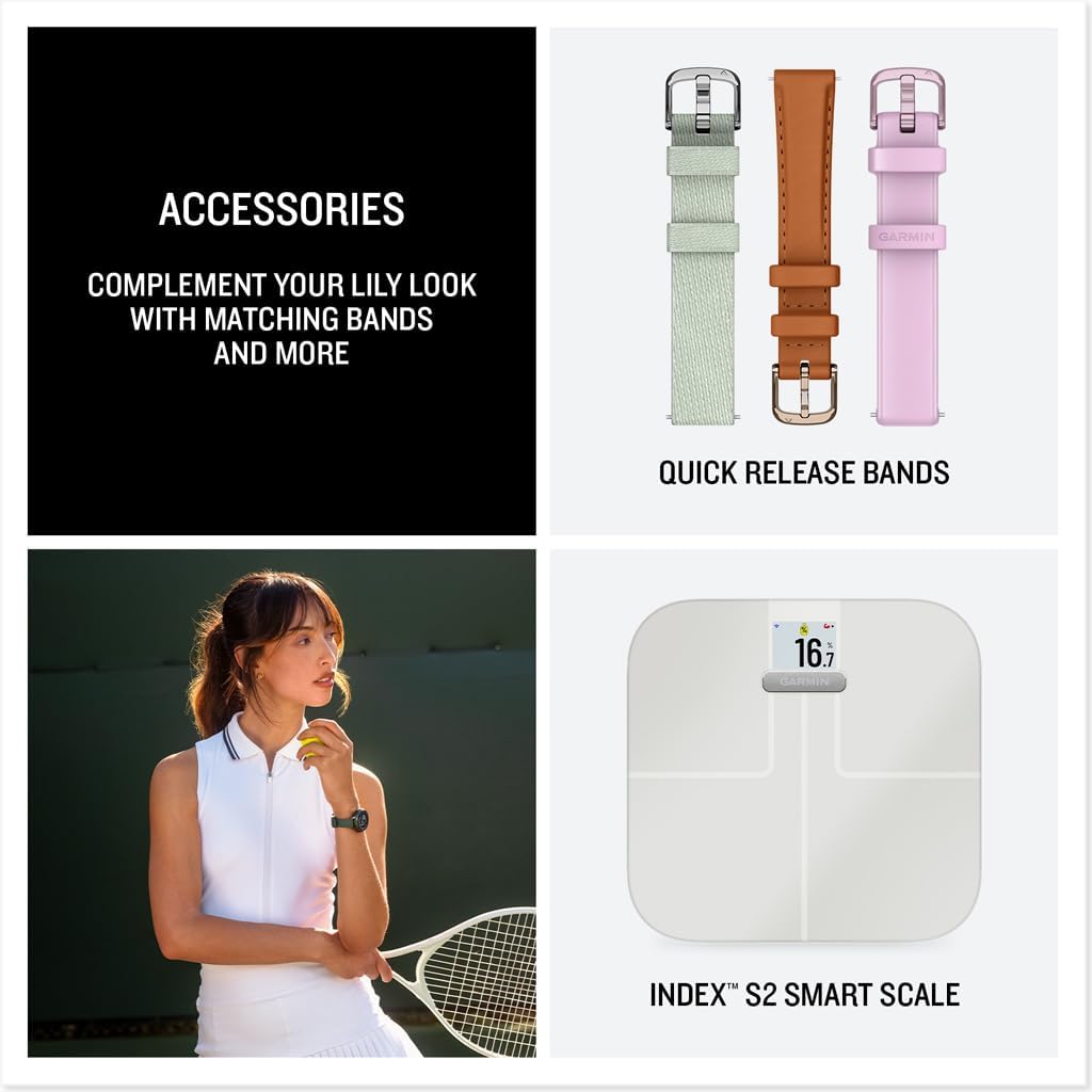 Garmin Lily 2 Active Small and Stylish Smartwatch Up to 9 Days Battery Life Built-in GPS Hidden Display Patterned Lens Purple Jasmin 010-02891-01 Health and Fitness Smart Watch Bundle for Women