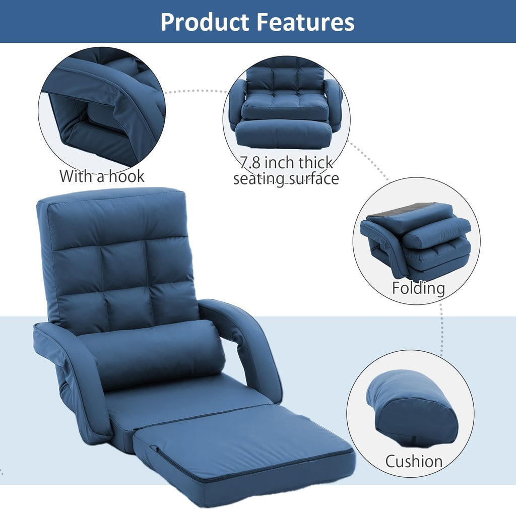 Floor Chair, Floor Gaming Chair with 14 Adjustable Position&Back Support, Folding Lounge Chair with Armrest for Adults, Lazy Sofa Lounger with Comfy Cushion for Living Room,Bedroom,PU,Blue
