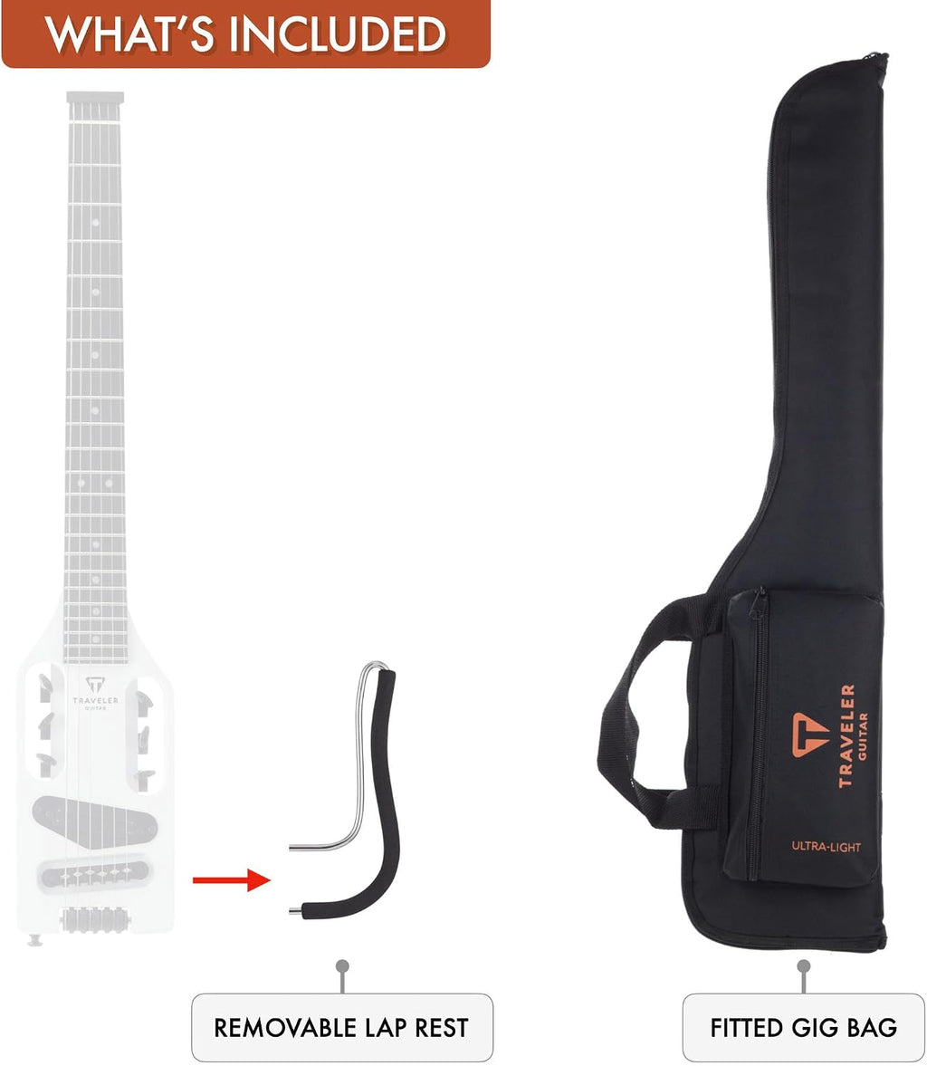 Traveler Guitar Ultra-Light Electric Guitar Satin White | Portable Electric with Removable Lap Rest | Full 24 3/4' Scale Headless Guitar | Custom Gig Bag Included