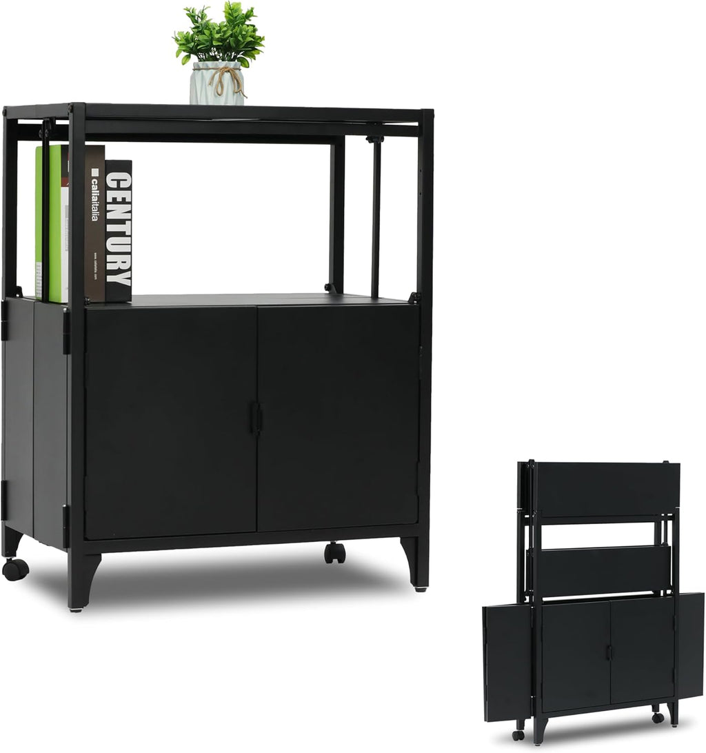 Metal Folding Storage Cabinet, Morden Buffet Foldable Sideboard, Steel Entryway Console Cabinet with Wheel for Patio Outdoor Indoor Kitchen Bathroom, 5mins Assembly (Black)