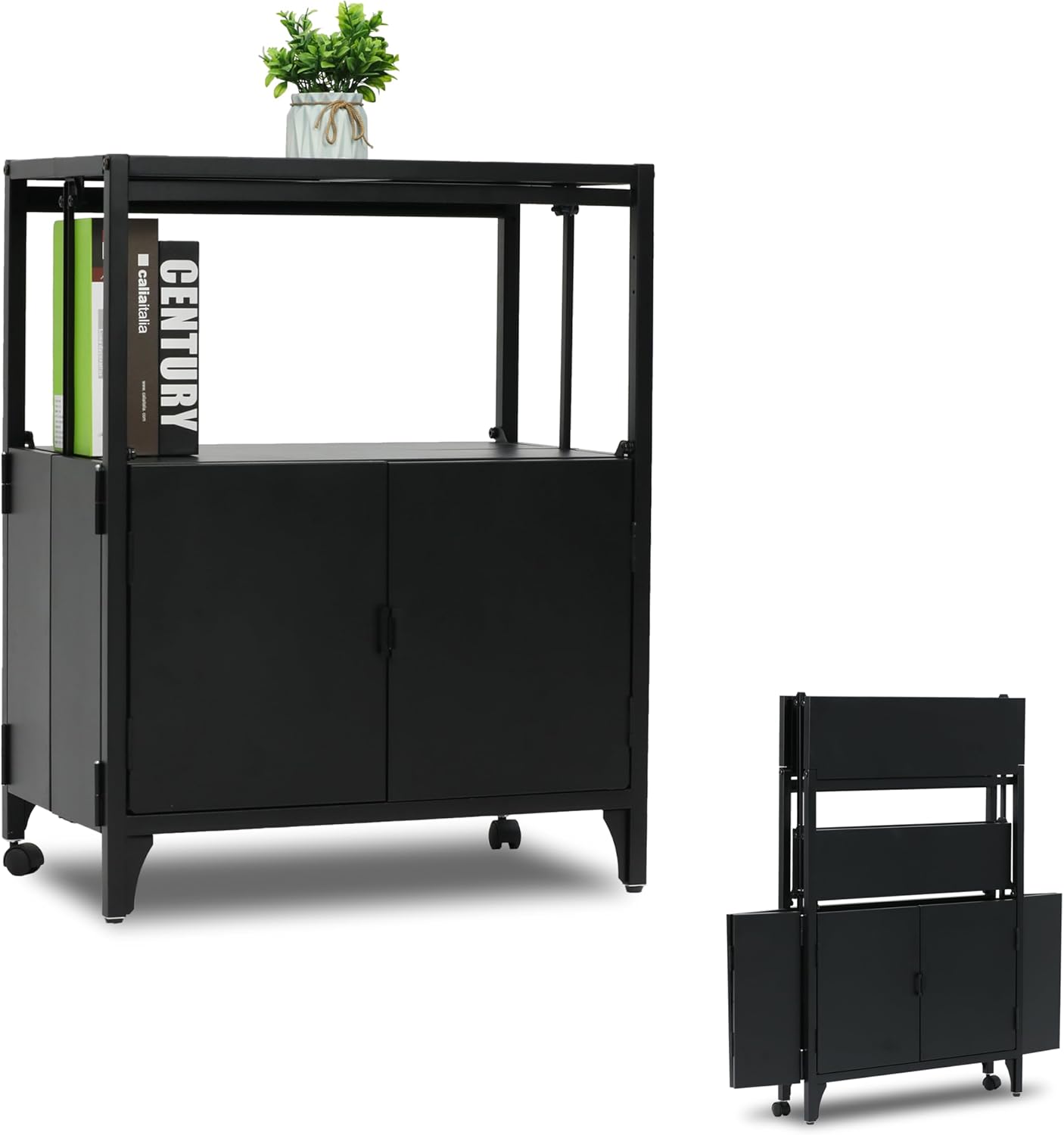 Metal Folding Storage Cabinet, Morden Buffet Foldable Sideboard, Steel Entryway Console Cabinet with Wheel for Patio Outdoor Indoor Kitchen Bathroom, 5mins Assembly (Black)