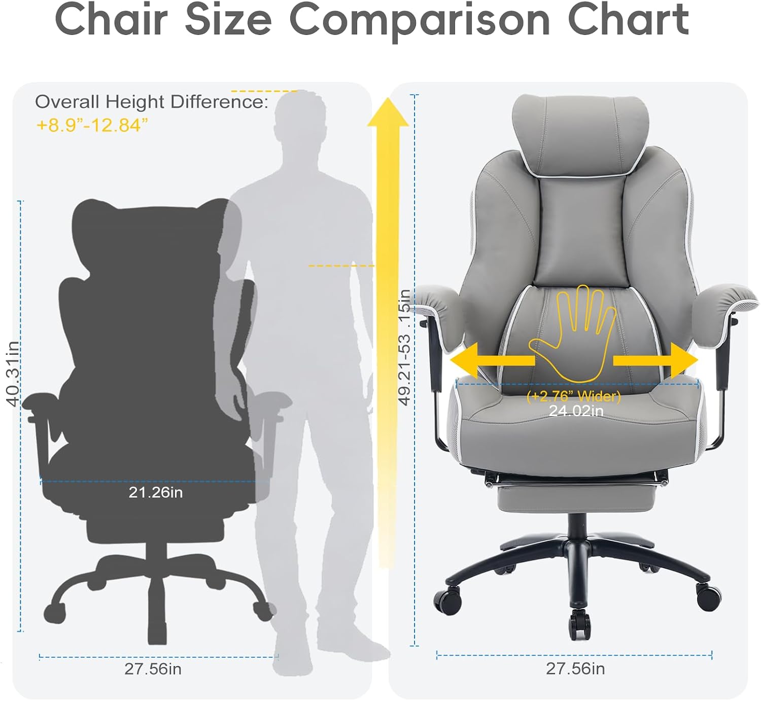 DJ·Wang Big and Tall Office Chair with Foot Rest, High Back Executive Office Chair PU Leather, Ergonomic Chairs with Lumbar Support, 135° Reclining Chairs with Thickened Spring Cushion Gray