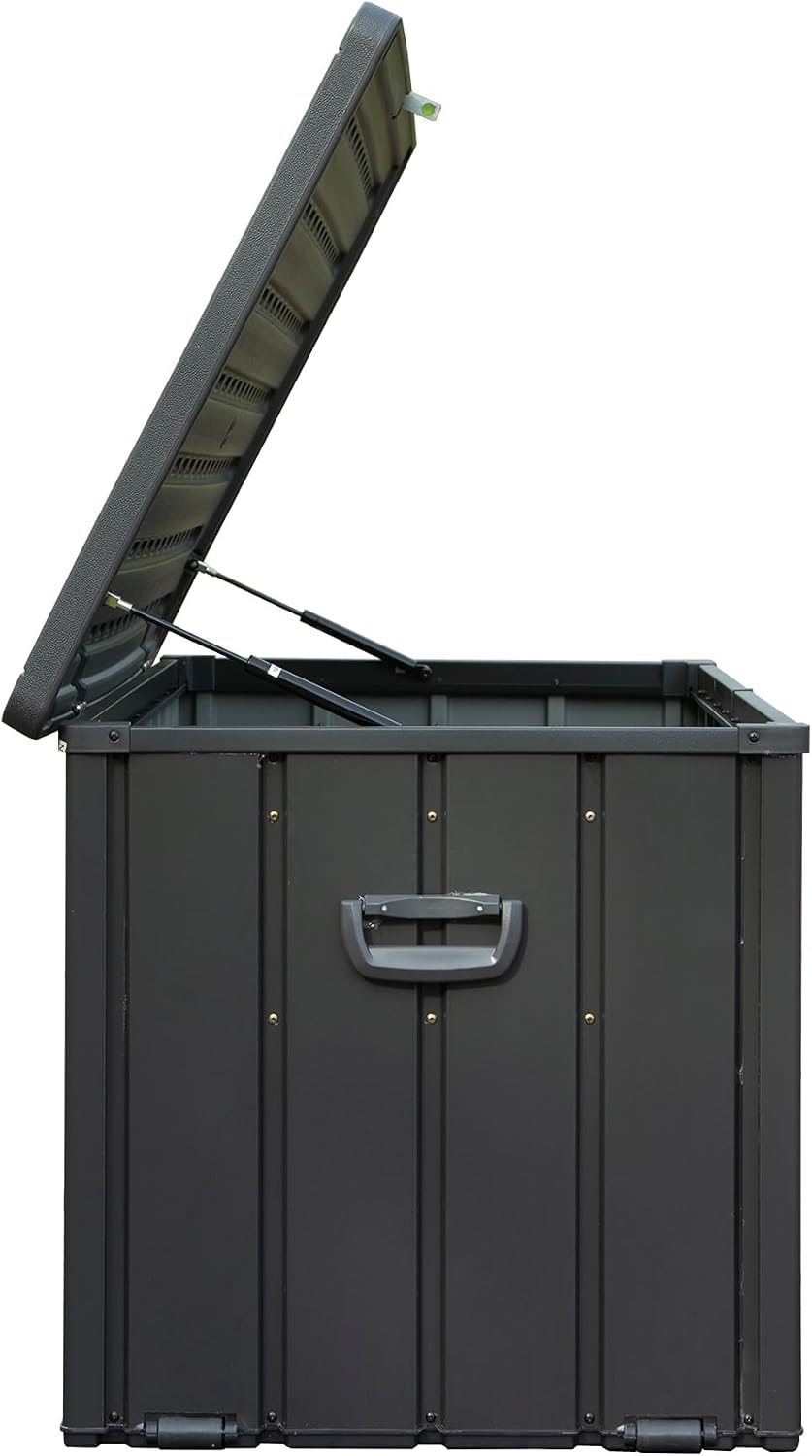 Deck Box 100 Gallon, Patio Storage Cabinet, Waterproof Outdoor Storage, Resin Lid Metal Patio Storage Bin with Lockable, Dark Gray