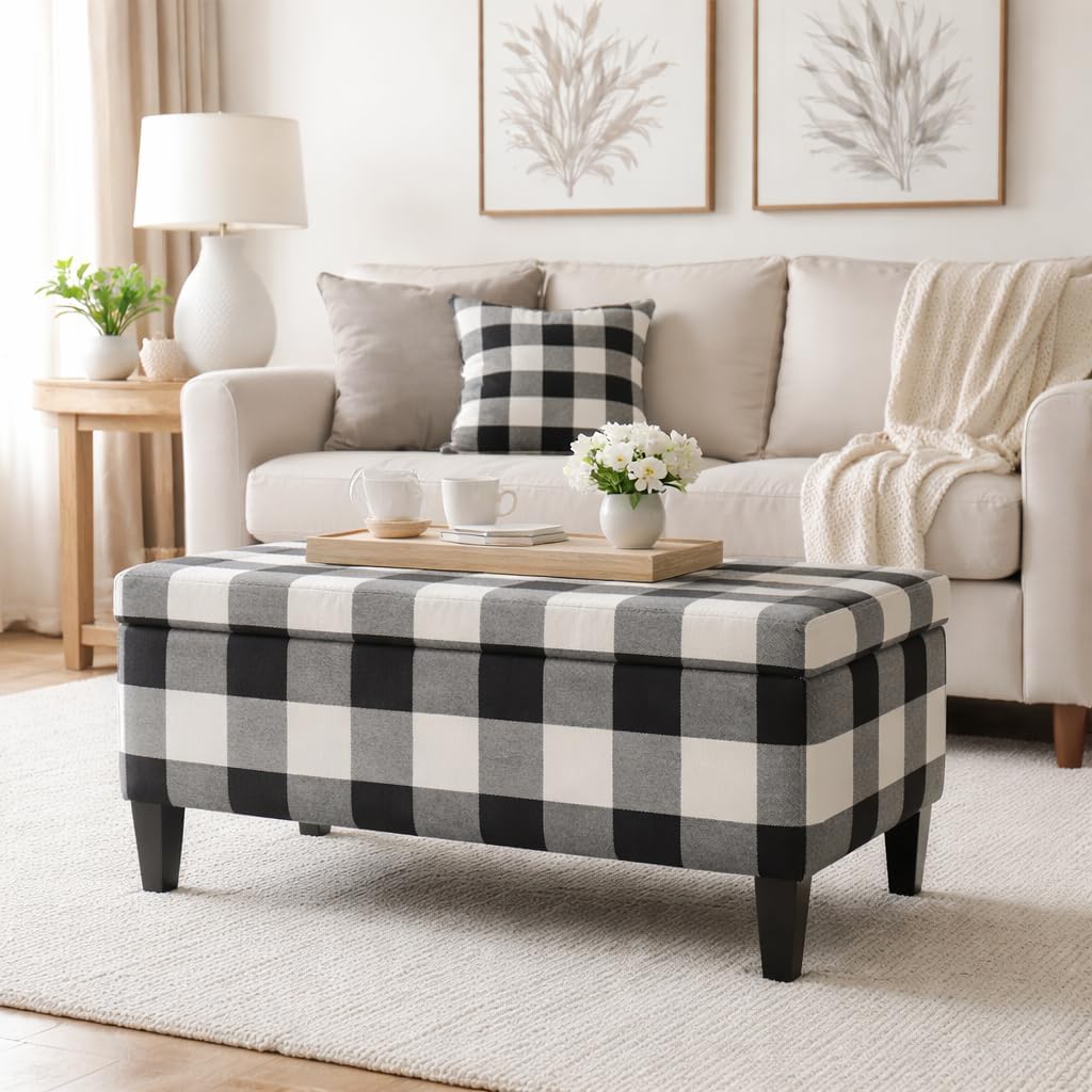 HomePop Large Upholstered Rectangular Storage Ottoman Bench with Hinged Lid, Black Buffalo Plaid
