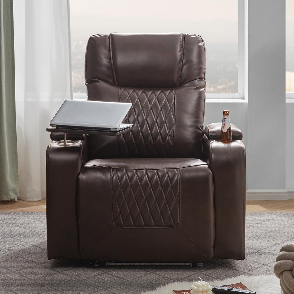 P PURLOVE Power Motion Recliner Chair for Home, PU Recliner Chair with USB Charging Port and Hidden Arm Storage 2 Convenient Cup Holders, Home Theater Seating with 360° Swivel Tray Table (Brown)