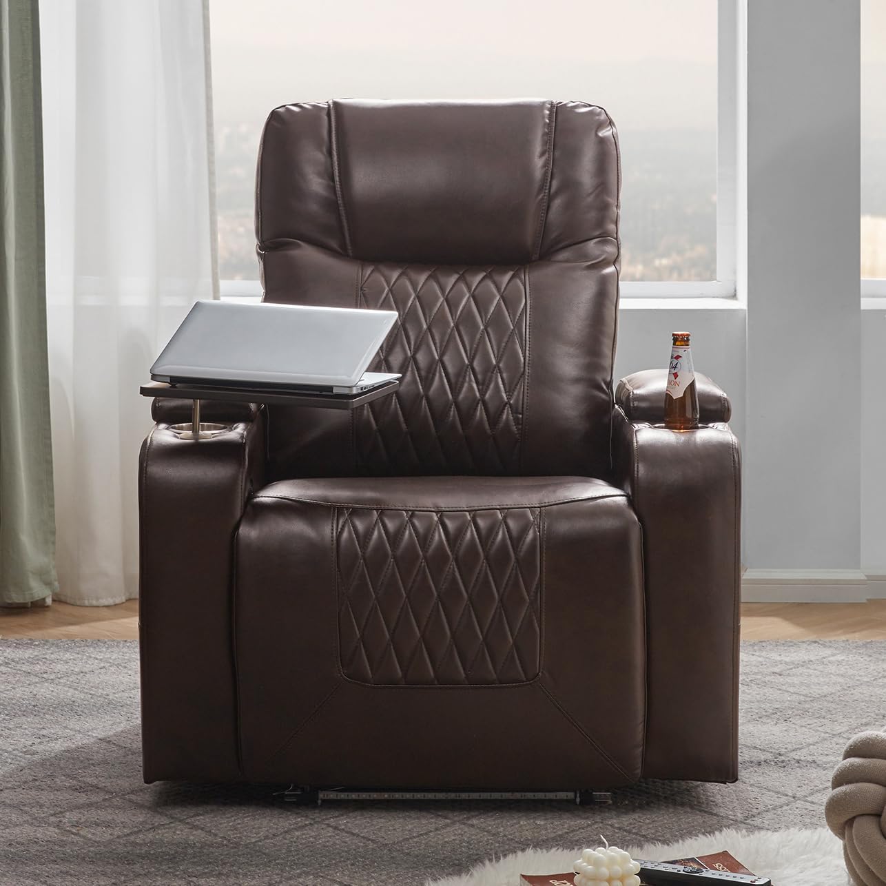 P PURLOVE Power Motion Recliner Chair for Home, PU Recliner Chair with USB Charging Port and Hidden Arm Storage 2 Convenient Cup Holders, Home Theater Seating with 360° Swivel Tray Table (Brown)