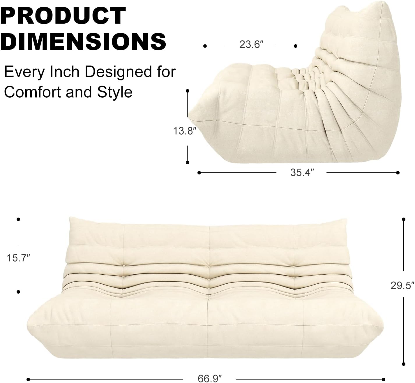 Full Foam Three Seater Sofa – Bean Bag Chairs Floor Couch for Adults, Waterproof Upholstery, Armless Fireside Lounge Chair for Living Room, Apartment, or Office (White)