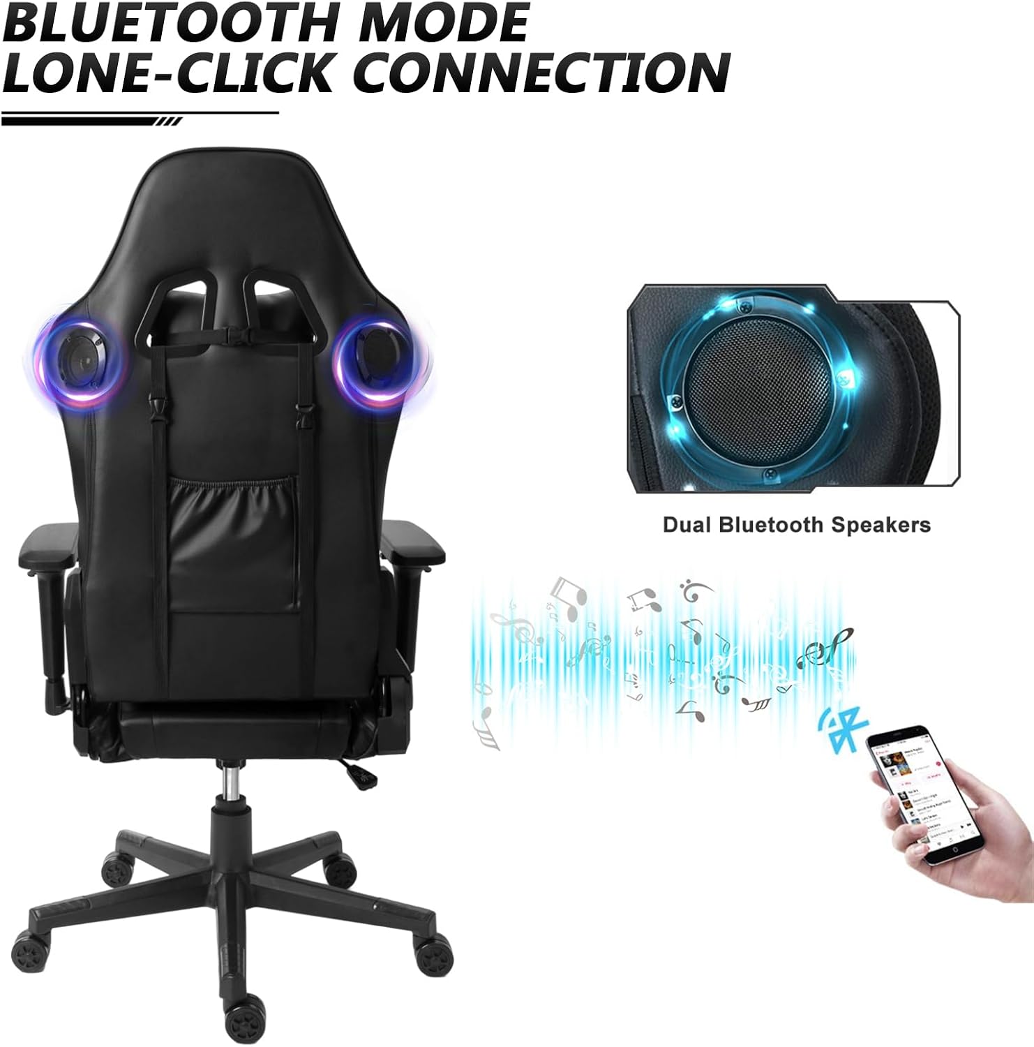 RGB Gaming Chair with Massage and Footrest Large Ergonomic Computer Desk Chair Video Gaming Chair with Speakers and Lumbar Support Height & Angles Adjustable Reclining Gamer Chair (Black Max)