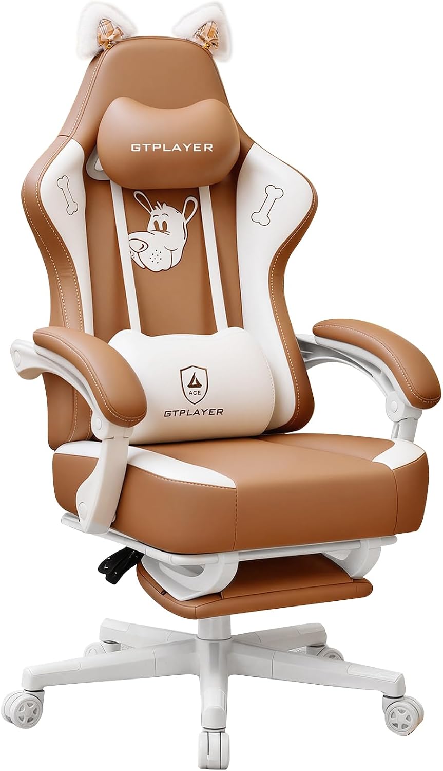 GTPOFFICE Cute Gaming Chair with Cat Ears, Ergonomic Computer Chair with Footrest Cat Paw Lumbar Support Comfortable Reclining Game Chair Desk Chair for Adult Teens, Soft Fabric, Brown