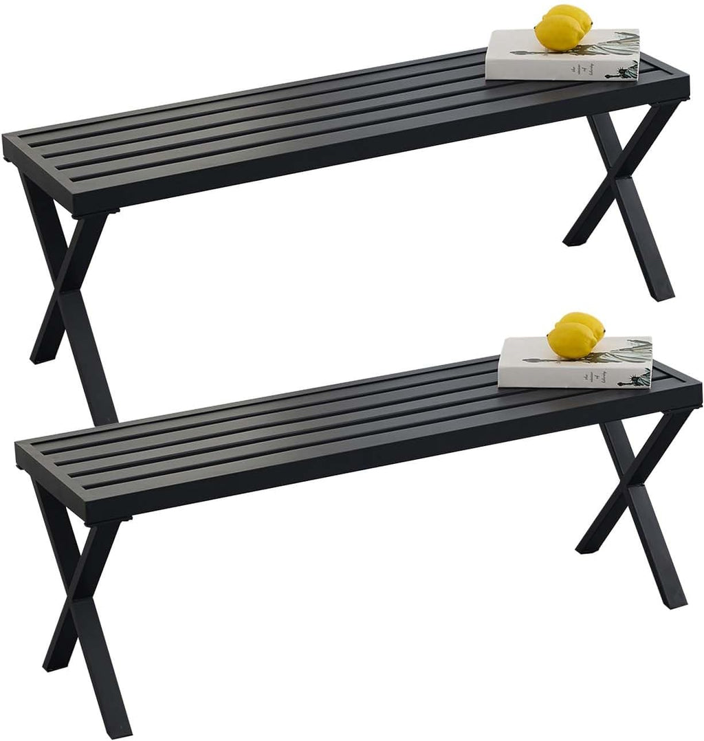 Outdoor Metal Backless Bench Set of 2, Weatherproof Patio Bench with Slatted Seat, X-Shaped Legs, All-Weather Garden Bench for Porch, Patio, Lawn and Backyard, Black