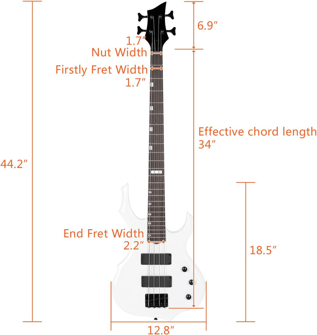 Ktaxon Electric Bass Guitar Full Size Flame Design Bass Set with 20 Watt Amplifier, Portable Bass Bag, Superior Amp Wire, Adjustable Guitar Strap, Plectrum, Wrench Tool(White)