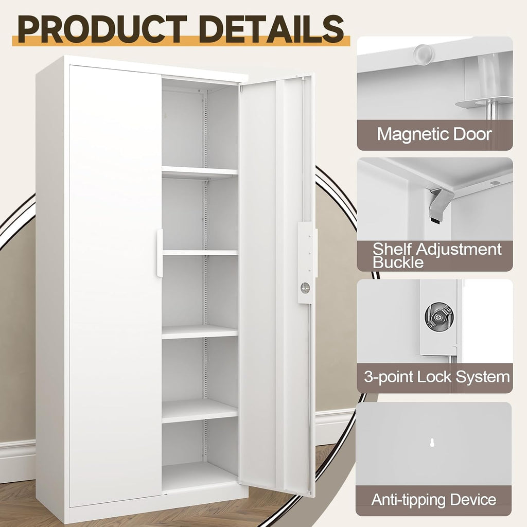 GREATMEET Garage Storage Cabinets, Metal Storage Cabinet with 2 Doors and Shelves, 71' H Metal Pantry, Lockable Storage Cabinets, Tool Storage Utility Cabinet for Office, White