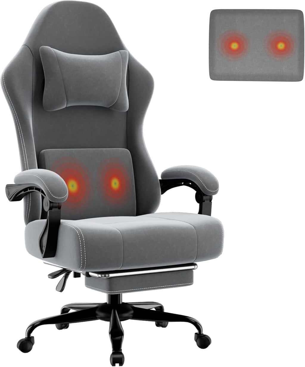 Massage Gaming Chair, Ergonomic Video Game Chair with Lumbar Support and Footrest, Height Adjustable Fabric Computer Chair with Pocket Spring Cushion (Gray)