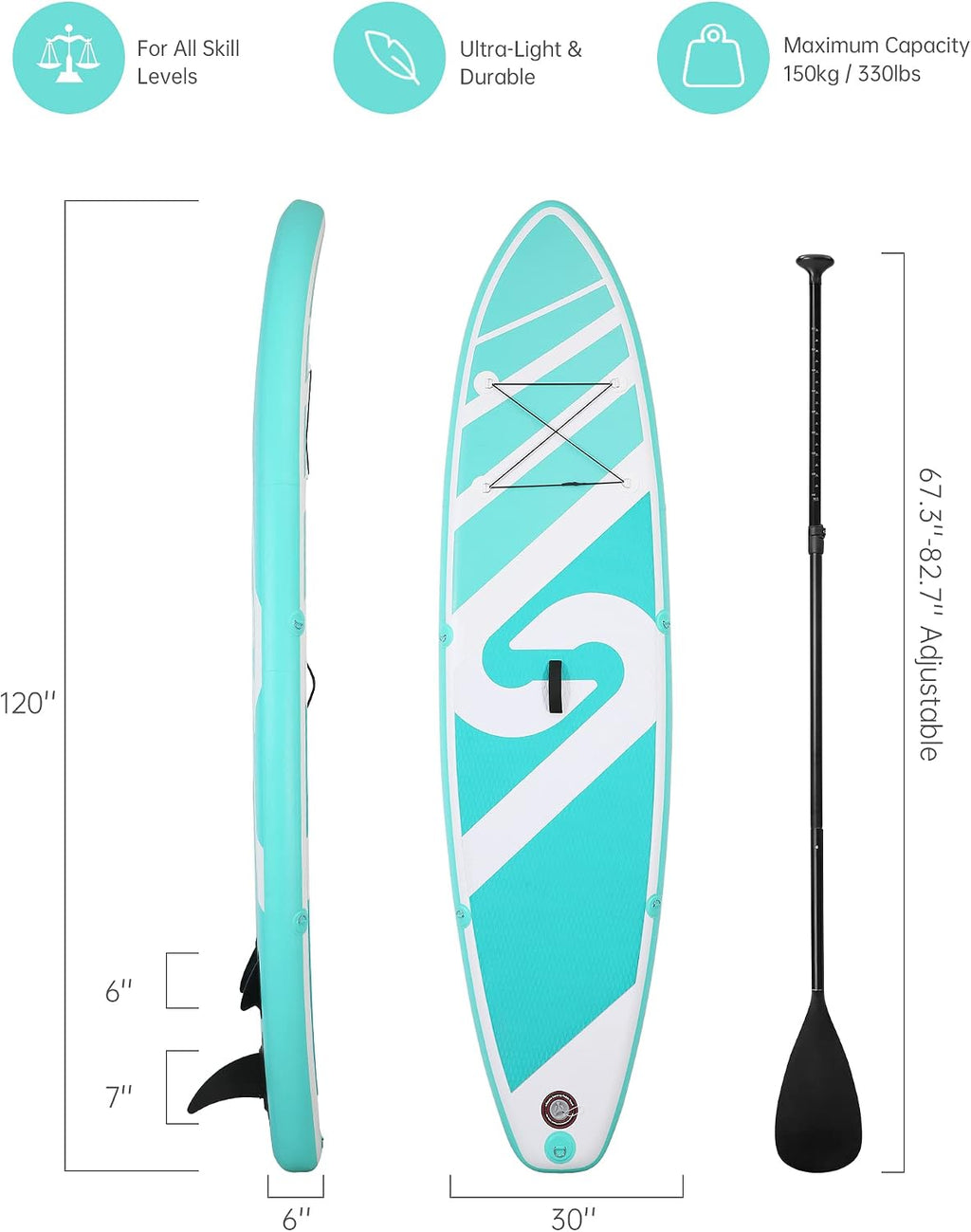Inflatable Paddle Board Stand Up Paddle Board Inflatable Paddleboard SUP Board with Premium Full Accessories 120'x30'x6' for Youth & Adults Have Fun in Oceans, River and Lakes