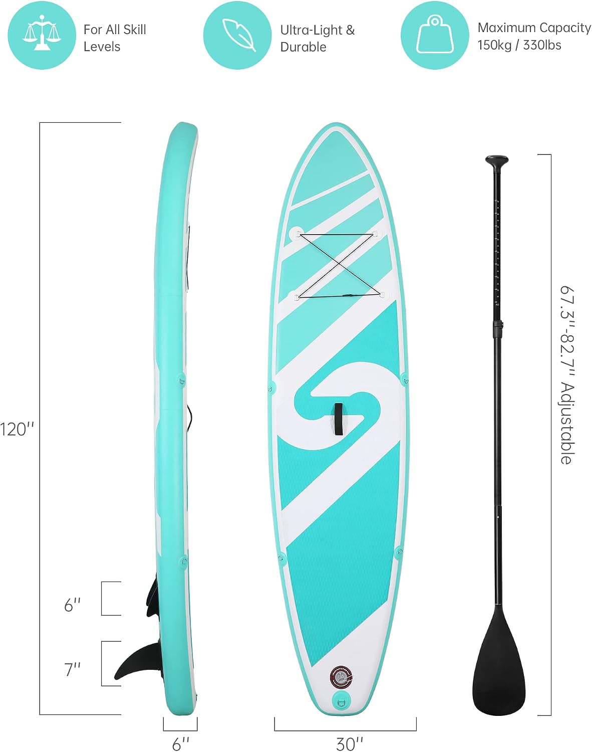 Inflatable Paddle Board Stand Up Paddle Board Inflatable Paddleboard SUP Board with Premium Full Accessories 120'x30'x6' for Youth & Adults Have Fun in Oceans, River and Lakes