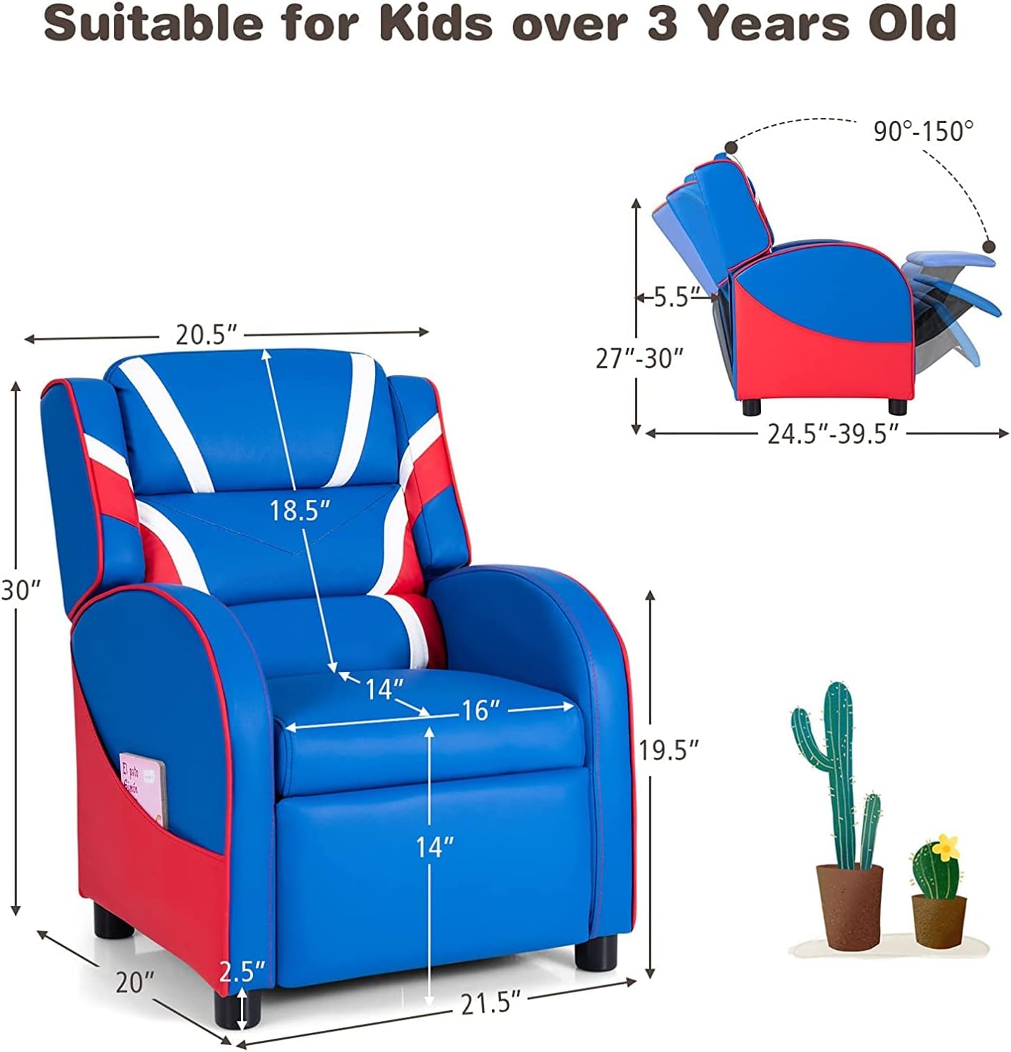 Moccha Kids Recliner Chair with Side Pockets for Boys and Girls Room, Adjustable Kids Couch Chair w/Footrest, Ergonomic Toddler Furniture Sofa (Blue)