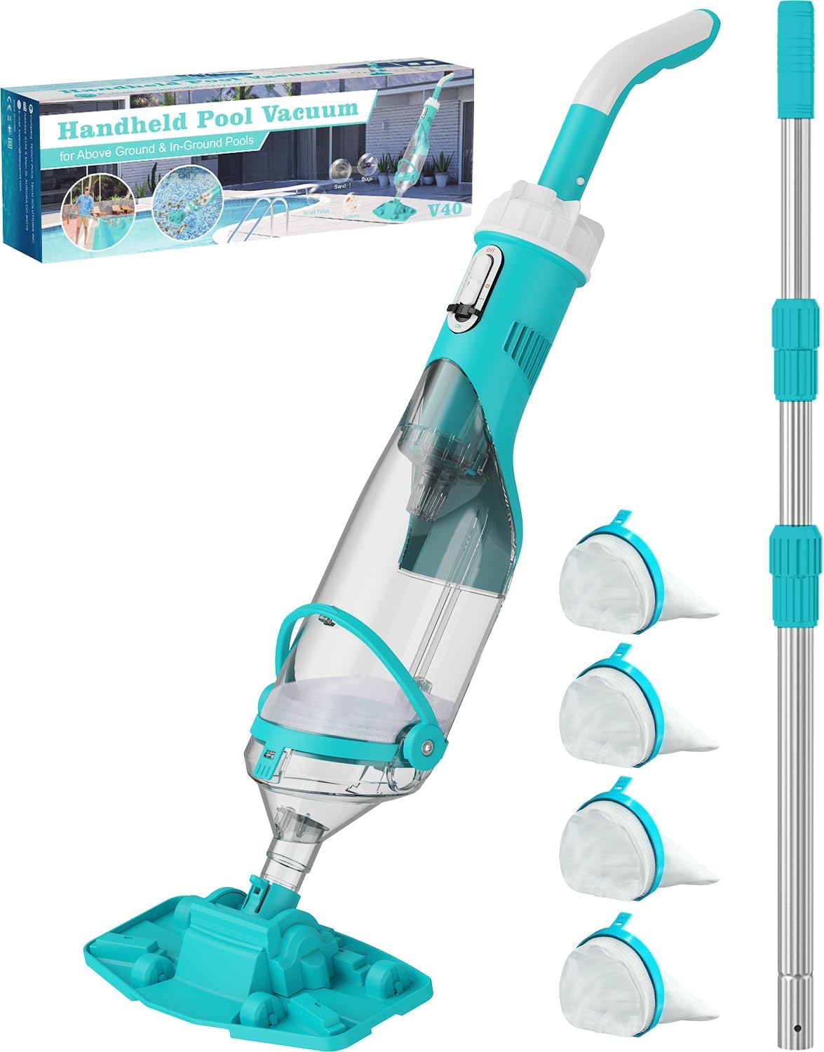 Cordless Pool Vacuum with Telescopic Pole, 18.5 GPM Powerful Suction, 1.5H Supercharge Technology, Handheld Pool Vacuum Cleaner for Above Ground/Inground Pools, Hot Tubs, Green
