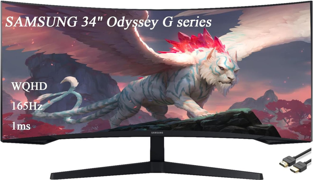 Samsung 34' Odyssey G Series WQHD Gaming Monitor, Curved, 165Hz, 1ms, FreeSync Premium, 1000R UltraWide, Black, with GSF HDMI Cable