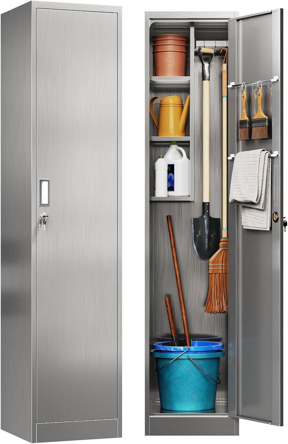 Yizosh Outdoor Storage Cabinet,Metal Broom Cloest Storage Cabinet with Locking Doors and Shelves,- 71 H Broom Closet with Hang Rods for Yard,Garden,Garage,Pation