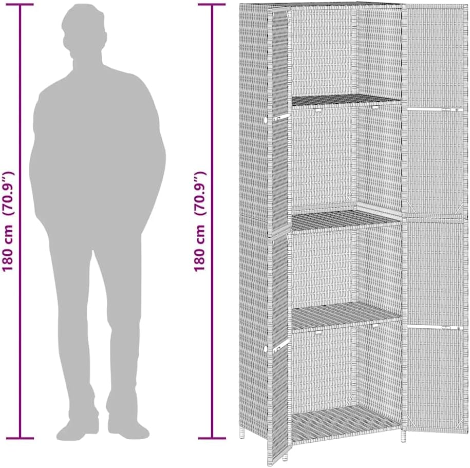 YAFF Tall Outdoor Storage Cabinet – Modern Black Woven Poly Rattan Durable Double Door Design for Garden Patio Garage Organization Weatherproof Easy Maintenance
