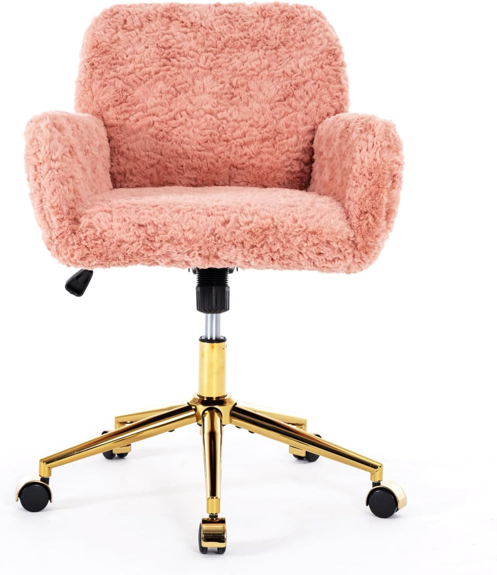 Shenyon Pink Desk Chair Faux Fur Vanity Chair, Comfortable Home Office Chair with Wheels for Women, Swivel Wide Office Chair Makeup Chair Height Adjustable for Office, Study, Bedroom, Pink