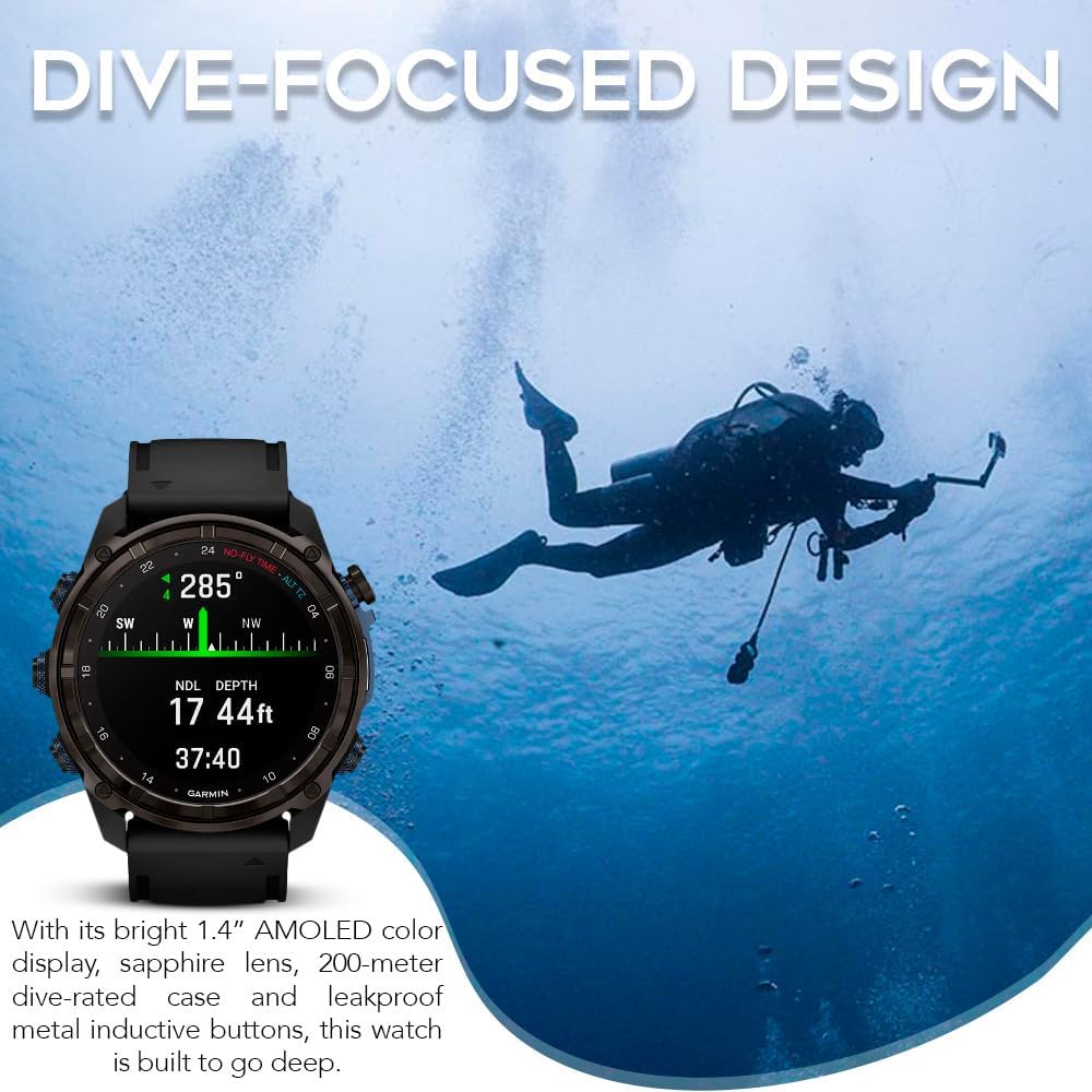 Garmin Descent Mk3i Watch-Style 51mm Dive Computer (Carbon Gray, Black Band) Bundle with Focus Camera Charger Stand for Smartwatches and Focus Camera 9H Tempered Glass Screen Protector Film (3 Items)