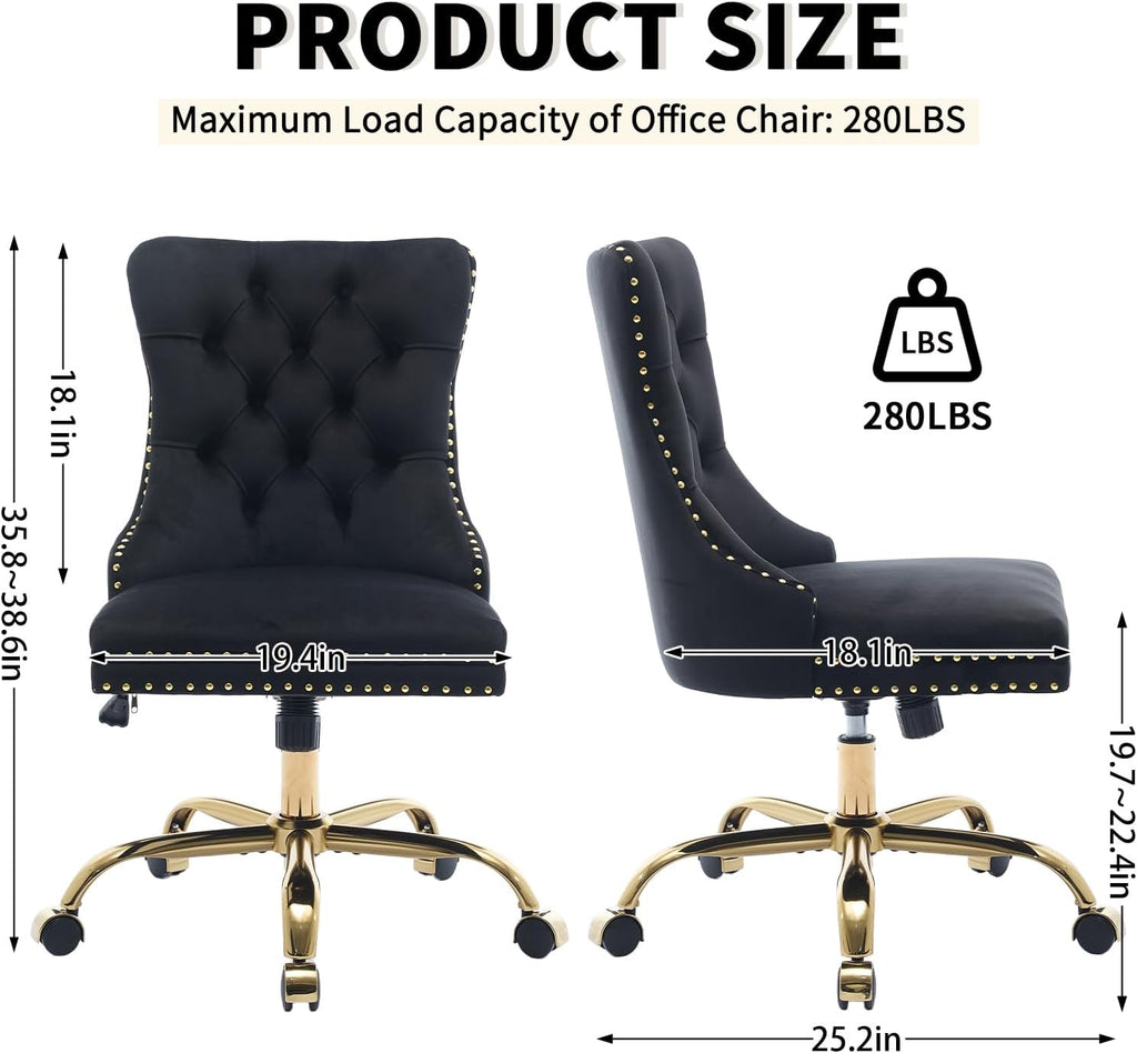 Black Velvet Armless Home Office Desk Chair with Wheels & Gold Base, Modern Comfortable Office Chair Rolling Task Chair, Upholstered Adjustable Computer Chair for Studio, Reception,Black